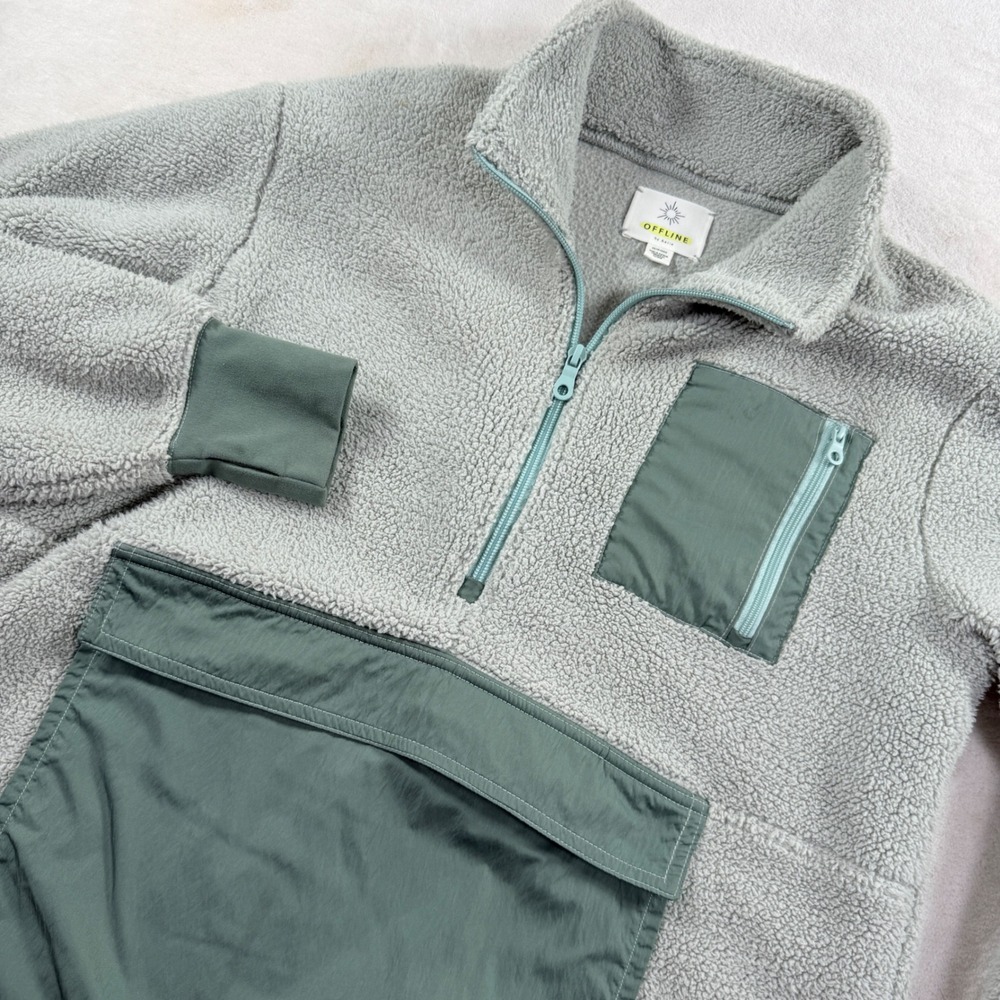 OFFLINE by Aerie Womens XS Sage Green Sherpa Fleece Quarter Zip Pullover Jacket